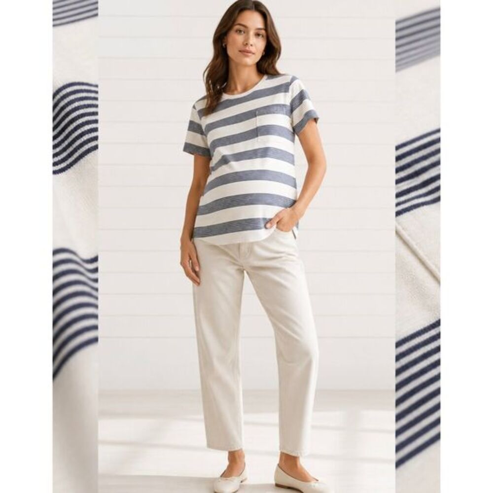 Hatch Striped Maternity Tee Women 0 White Navy Blue Short Sleeve Pocket T-Shirt